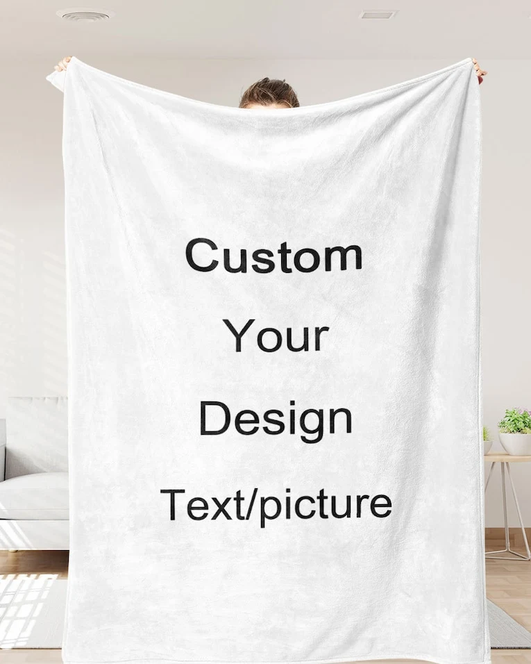 Personalized Photo Micro Fleece/Pom Pom Fringe Blanket Custom Name Logo Blanket For Mother Family Pet Gift Picture Memorial Throw Blanket