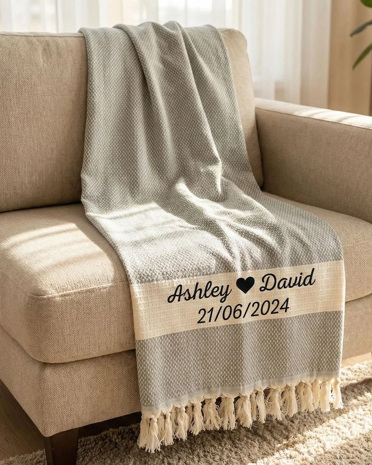 Personalized Wedding Gift Blanket 70x54 inches, 100% Cotton Anniversary Gift, Home Gift