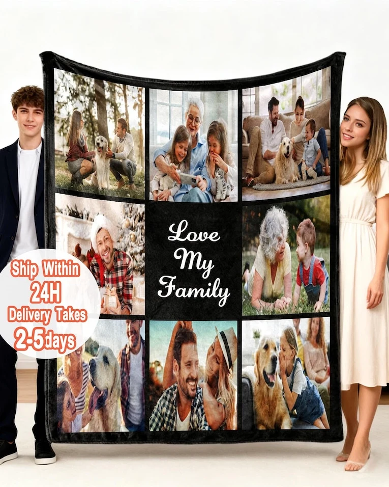 Custom Photo Collage Blanket for Couple, Personalized Blanket with Photo, Picture Blanket with Text, Wedding Photo Gift, Anniversary Gift