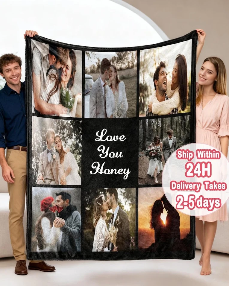 Custom Blanket with Photos Collage, Personalized Family Picture Blanket With Text, 2026 Best Photo Gifts For Mother's Day and Father's Day