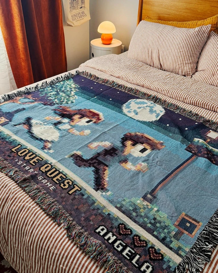 Personalized Retro 8-Bit Gaming Couple Adventure Woven Blanket Custom Pixel Art Throw Gamer Anniversary Gift Video Game Decor 100% Cotton