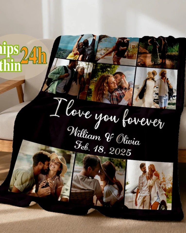 Personalized Family Photo Collage Blankets with Text, Custom Family Picture Blankets for Mom, Custom King Size Blanket Gift For Mom and Dad