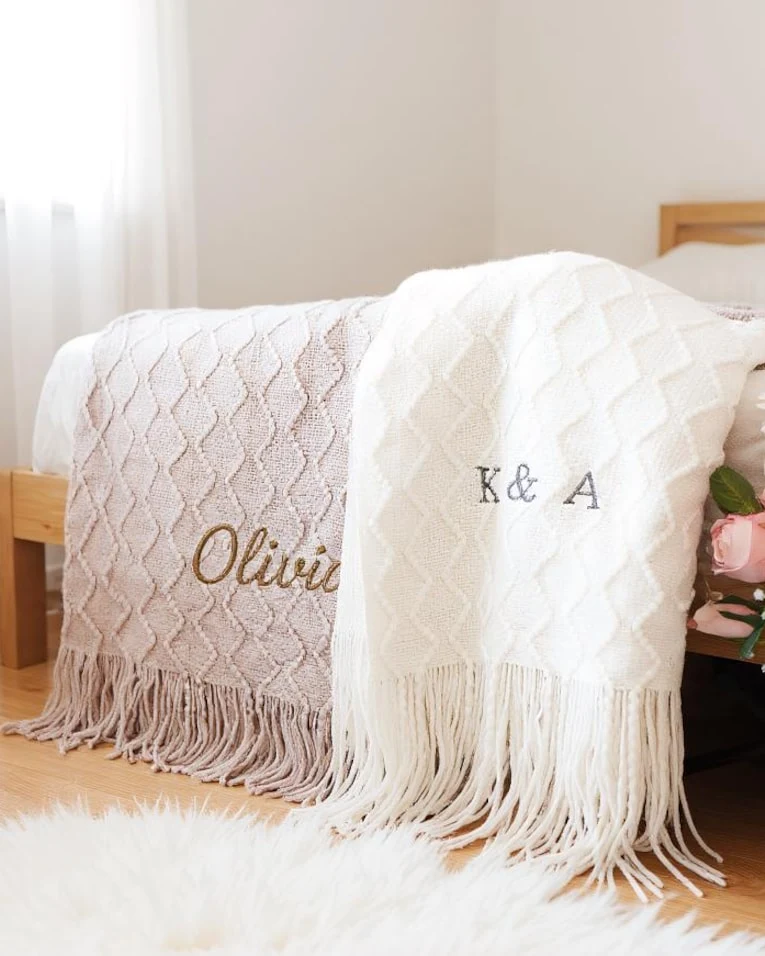 Personalized Sherpa Fleece Blanket, Engraved Leather Patch Cozy Sherpa Soft Textured Home Decor, Wedding Gift Housewarming Gift For Couple