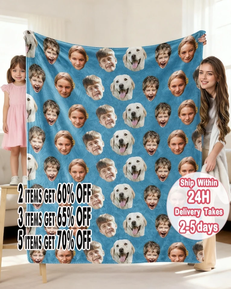 Custom Funny Face Blanket for Family, Personalized Photo Face Blanket Gifts, Faces on Blanket with Dog Picture,Custom Blanket with Baby Face