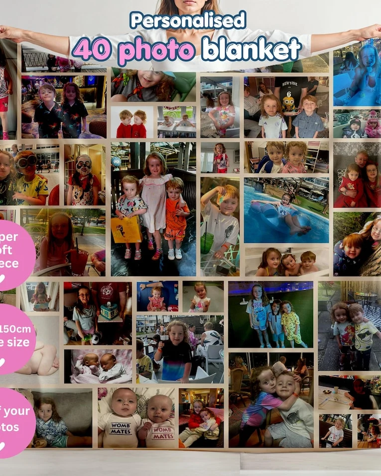 Personalised 40 Photo Blanket, Custom Fleece Throw, Family Photo Keepsake (150x150cm)