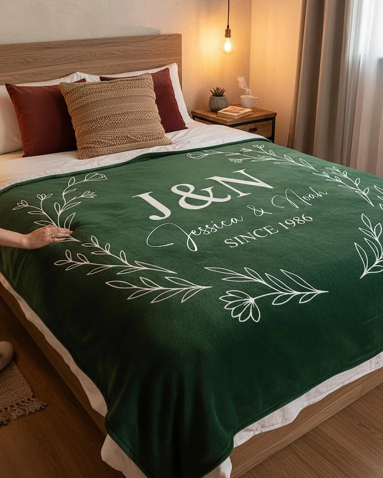 Anniversary Gift Personalized Throw Blanket, Second Anniversary Gift for Wife, Gift for Couples Initials Established Date, Wedding Gift Her