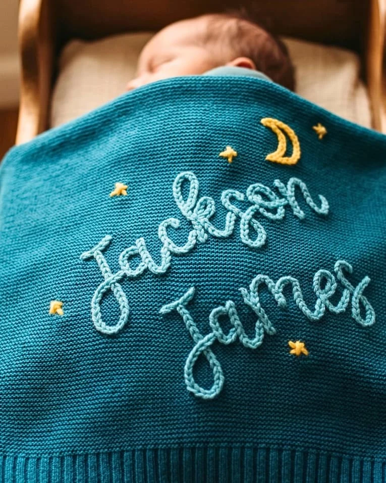 Personalized Baby Name Blanket, Custom Embroidered Cotton Knit Swaddle, Newborn Gift, Baby Shower Keepsake