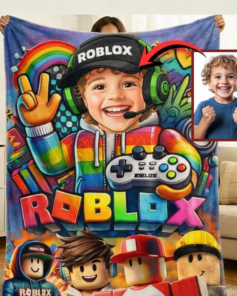 Custom Roblox Blanket with Child Face, Personalized Blanket for Kids & Gamers, Cozy Soft Throw, Custom Roblox Gift for Boys Girls, Kid Gifts