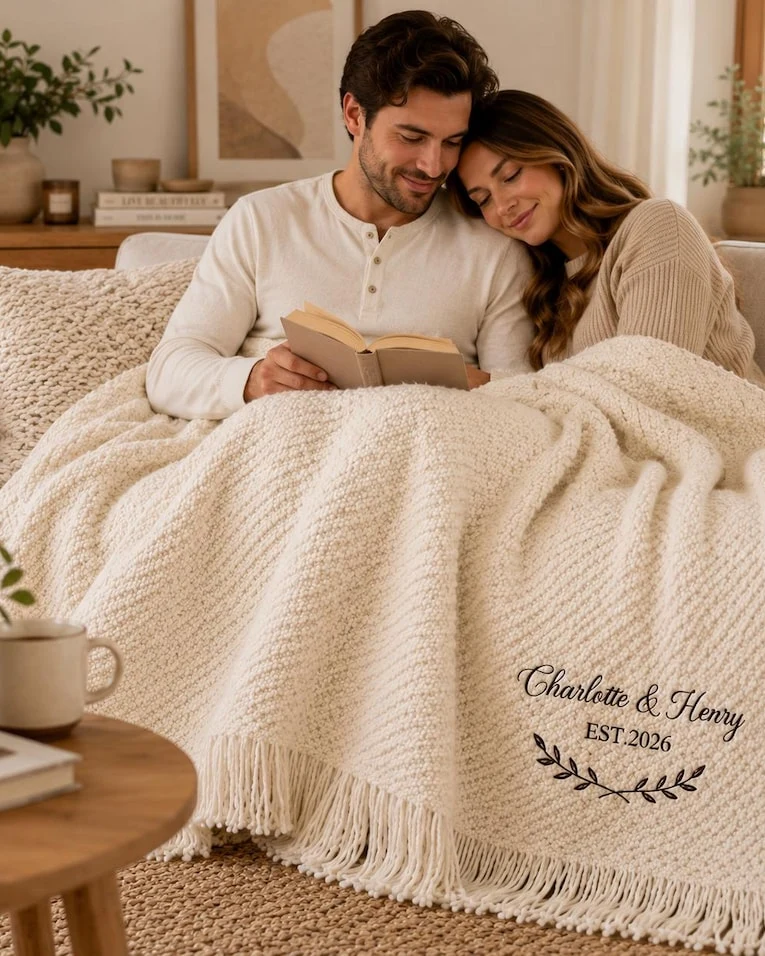 Personalized Chunky Knit Throw Blanket, Embroidered Couple Names Blanket, Wedding Anniversary Gift, Cozy Fringe Sofa Blanket