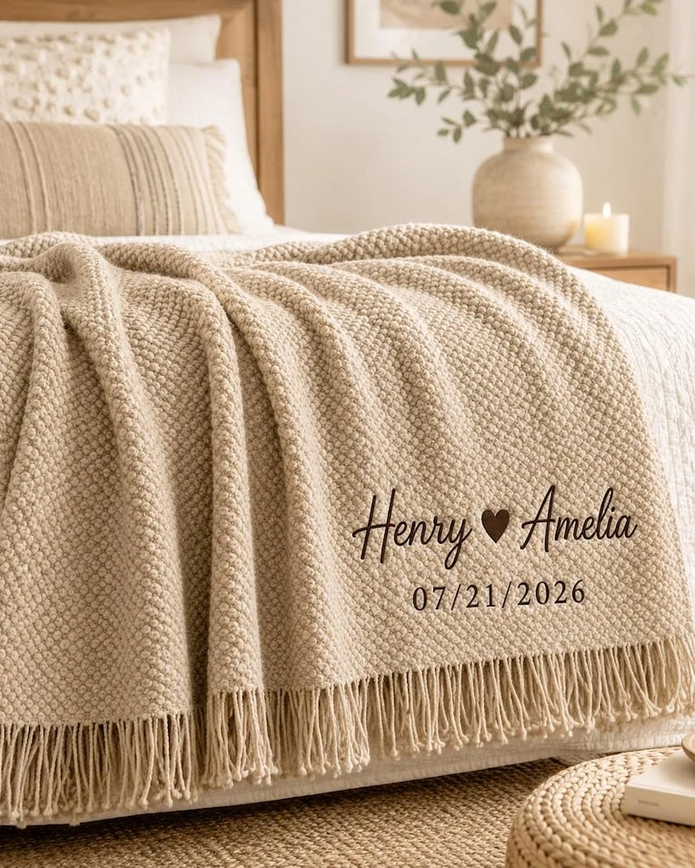 Personalized Embroidered Knitted Throw Blanket, Custom Couple Name Blanket, Wedding Shower Gift, Newlywed & Anniversary Gift, Cozy Blanket