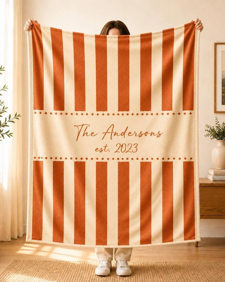 Custom Last Name Blanket with Stripes, Aesthetic Personalized Family Name Throw Blanket, Vintage Coastal Fleece Blanket, New Family Gift