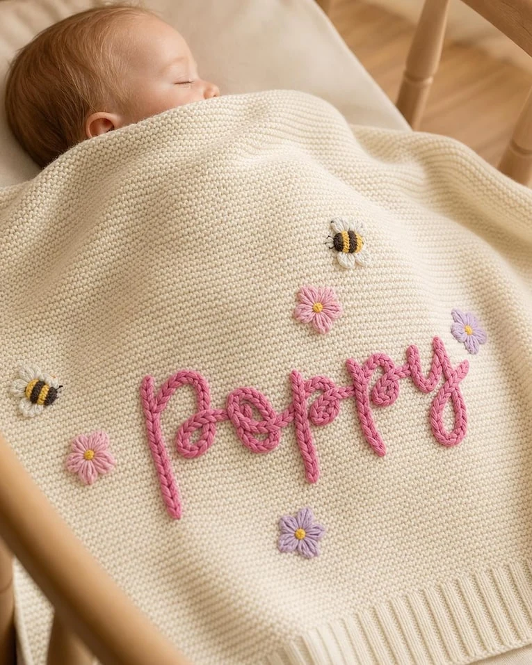 Custom Hand Embroidered Name Baby Knit Blanket, Soft Organic Cotton Heirloom Newborn Nursery Keepsake