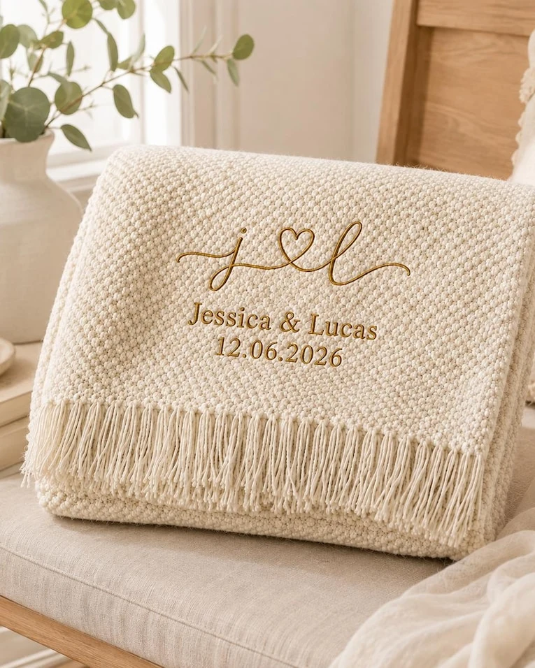 Custom Embroidered Knit Throw Blanket, Wedding Blankets & Throws, Mr and Mrs Wedding Date Gift, Newlywed Anniversary Gift, Housewarming Gift