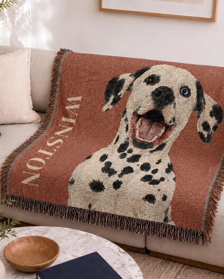 Custom Dog Portrait Woven Blanket with Name Personalized Pet Tapestry Throw Unique Photo Gift