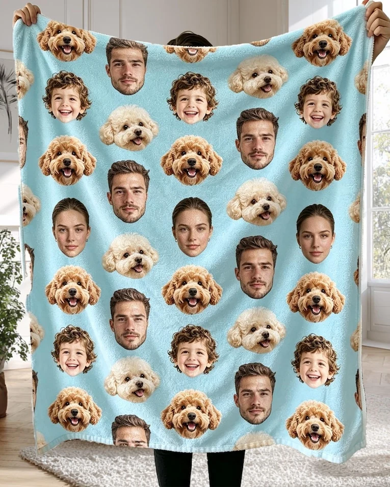 Personalized Face Collage Blanket, Multi‑Image Flannel Blanket, Family Gift, Christmas Gift