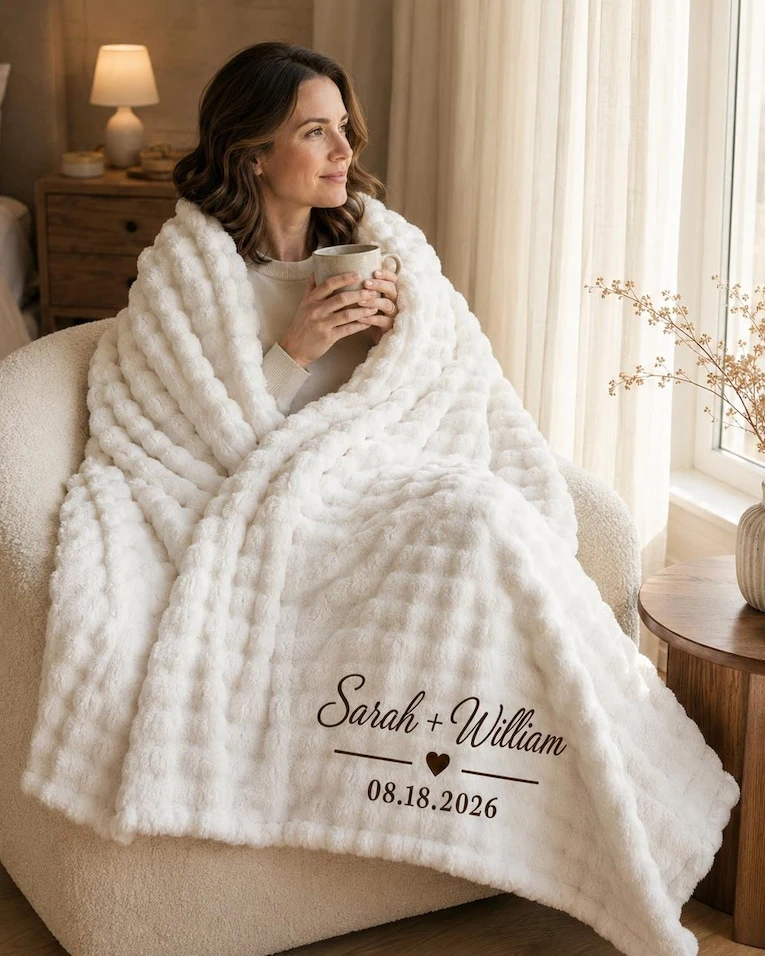 Personalized Embroidered Bubble Plush Blanket, Custom Family Name Throw, Wedding Gift for Couple, Anniversary Gift, Cozy Housewarming Gift