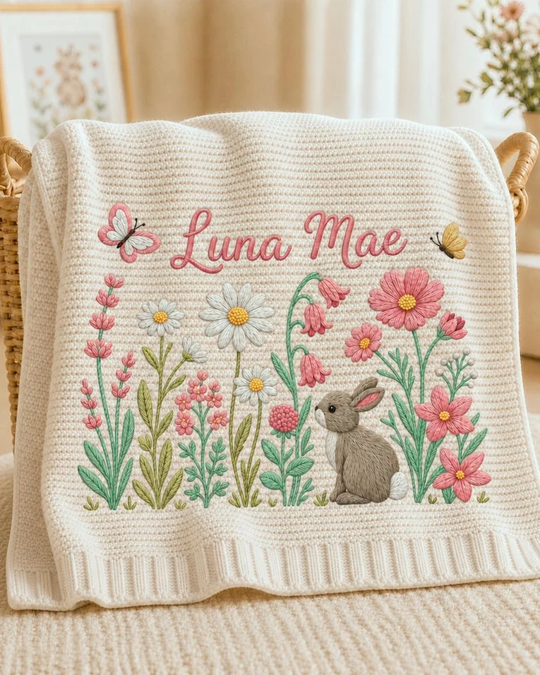 Personalized Floral Embroidered Baby Blanket : Organic Cotton Knit with Embroidered Name