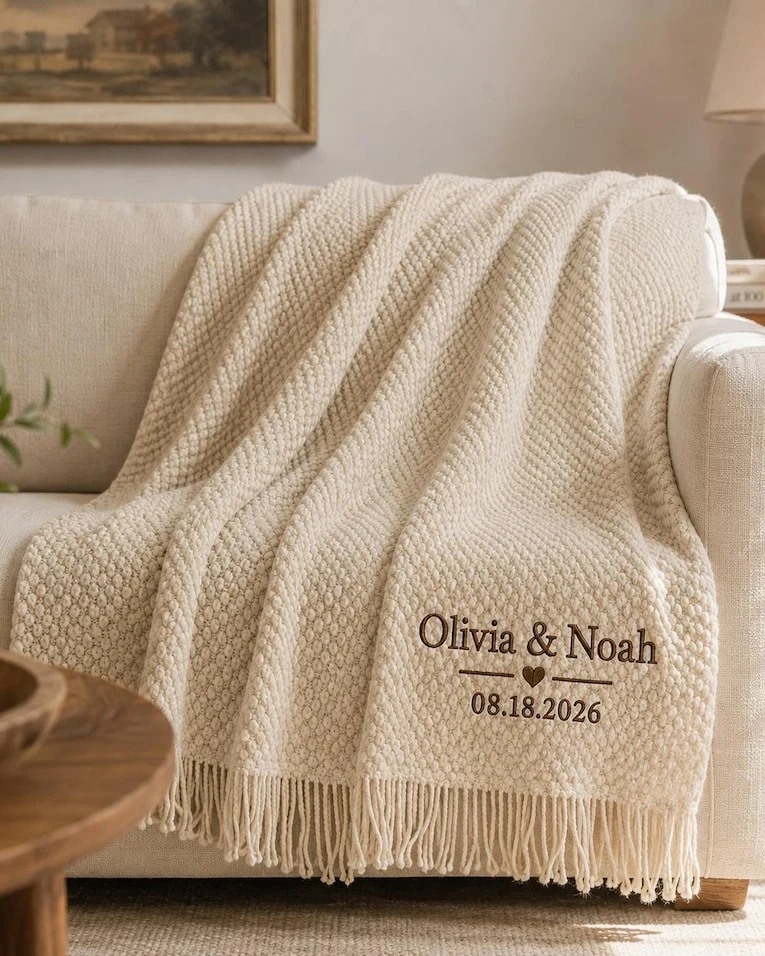 Personalized Wedding Blanket, Custom Embroidered Couple Names & Date Throw, Newlywed Gift, Bridal Shower Gift, Anniversary Housewarming Gift
