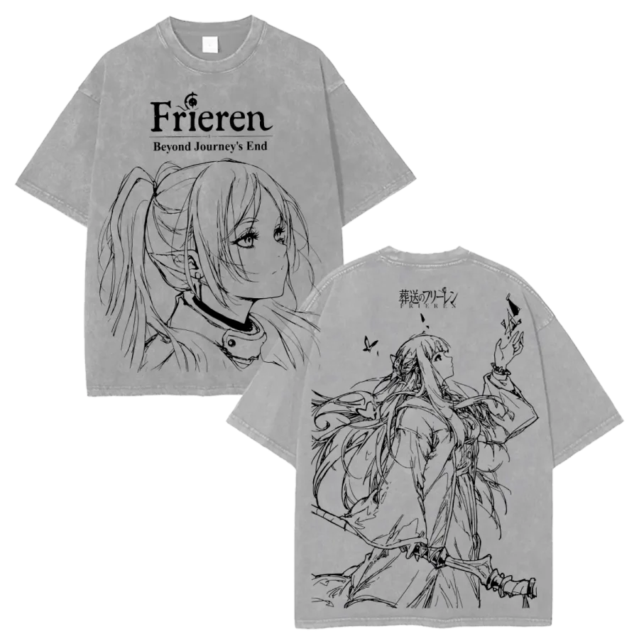 Acid Wash Anime Manga Tee Frieren Beyond Journeys End Elf Mage Oversized Graphic Shirt Gift Fans