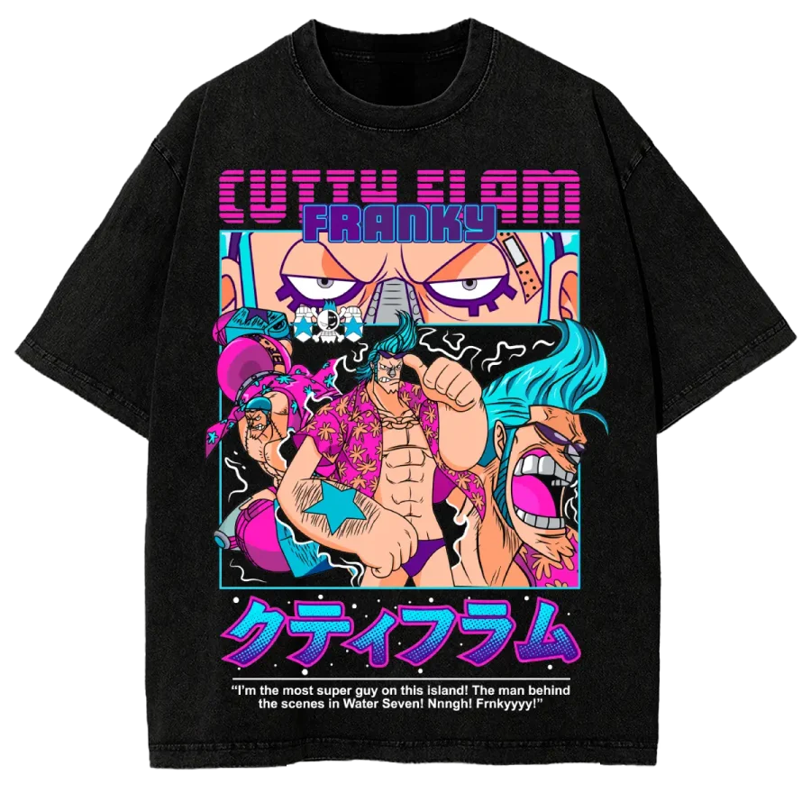Acid Wash Anime Franky One Piece Washed T-Shirt Vintage Graphic Tee