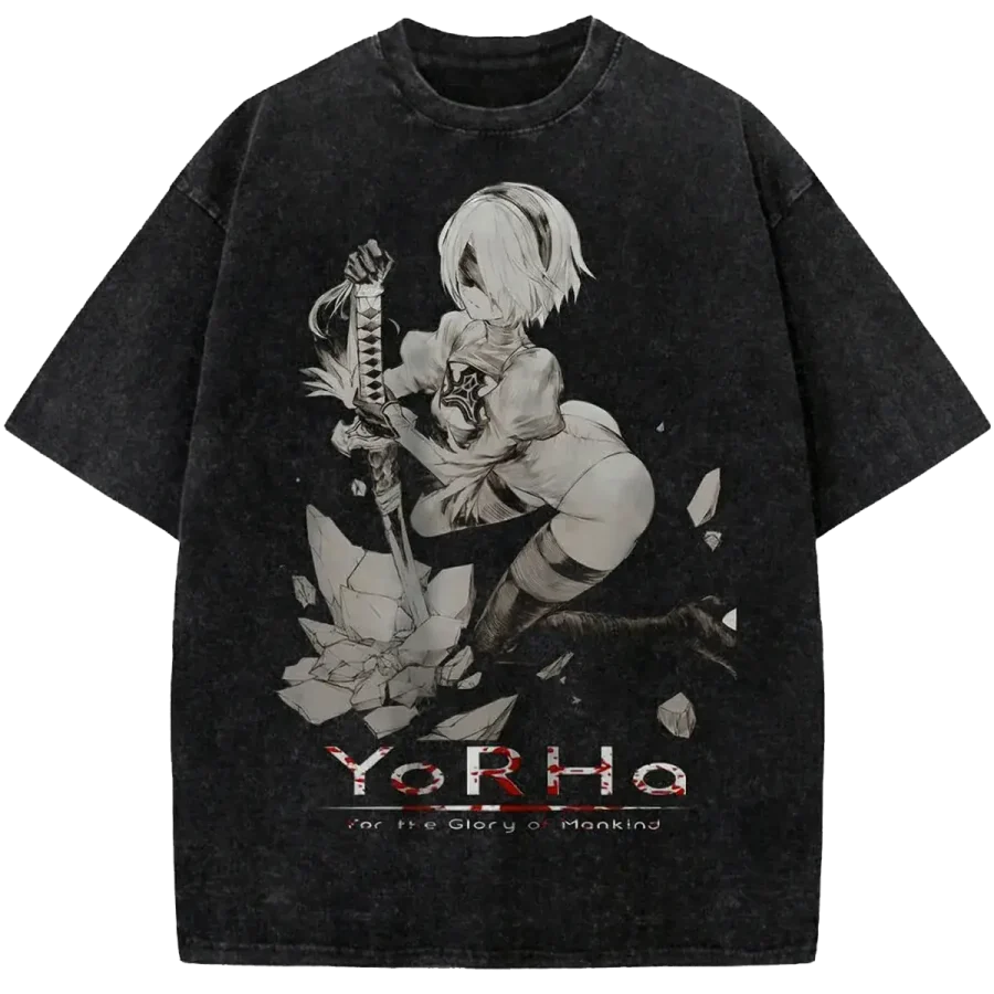 2B NieR Automata Vintage Washed Shirt YoRHa Android Retro Streetwear Graphic Tee