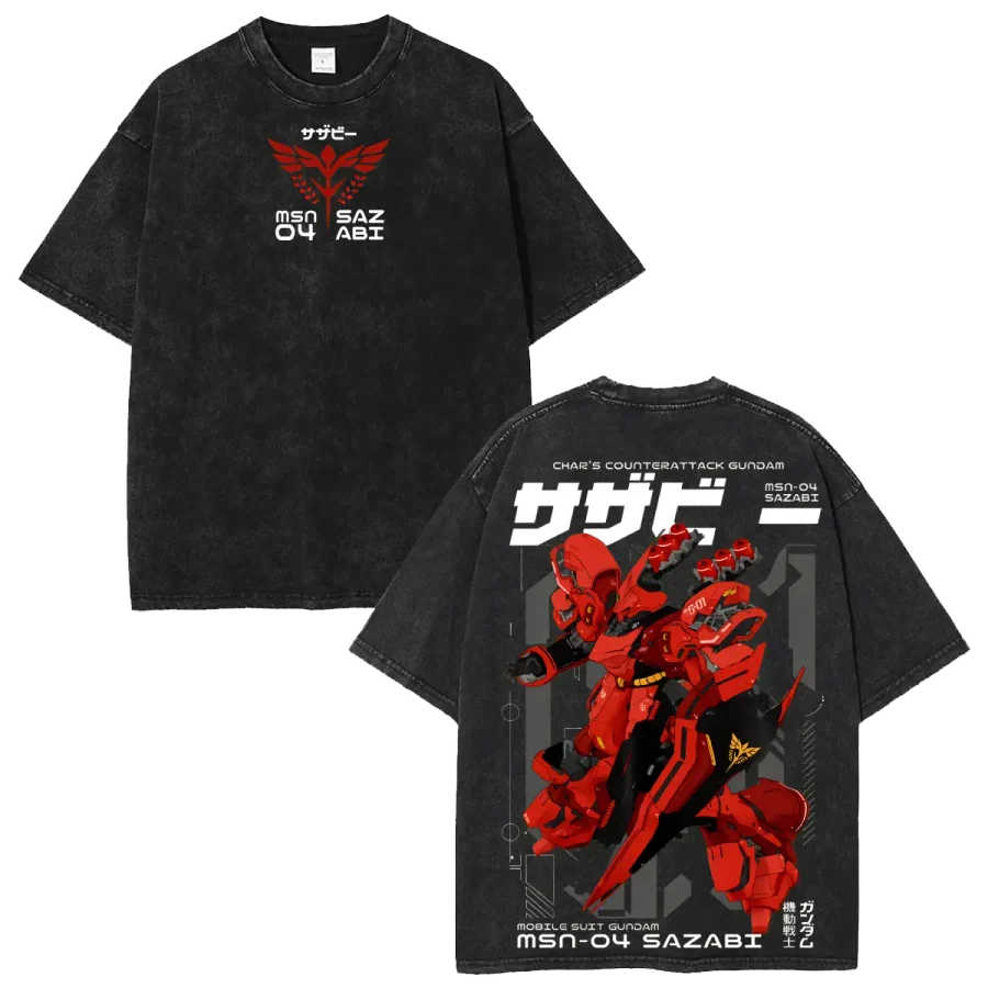 Acid Wash Anime Shirt Mobile Suit Gundam Sazabi MSN 04 Back Print Anime Washed Oversized T Shirt