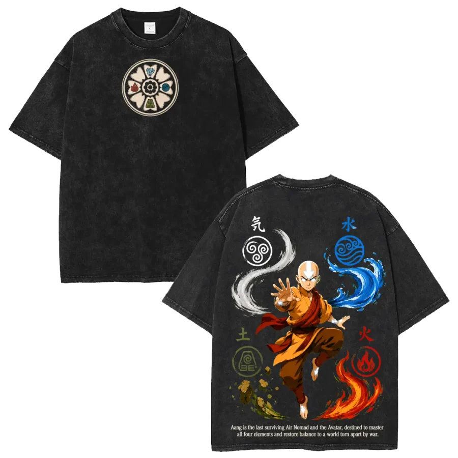 Aang Avatar The Last Airbender Anime Washed Vintage Oversized Graphic T-Shirt Heavyweight Cotton