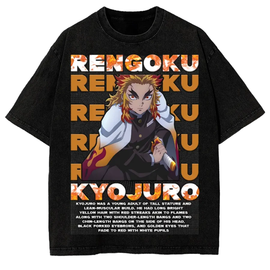 Acid Wash Anime Shirt Demon Slayer Kyojuro Rengoku Flame Breathing Anime Washed T-Shirt