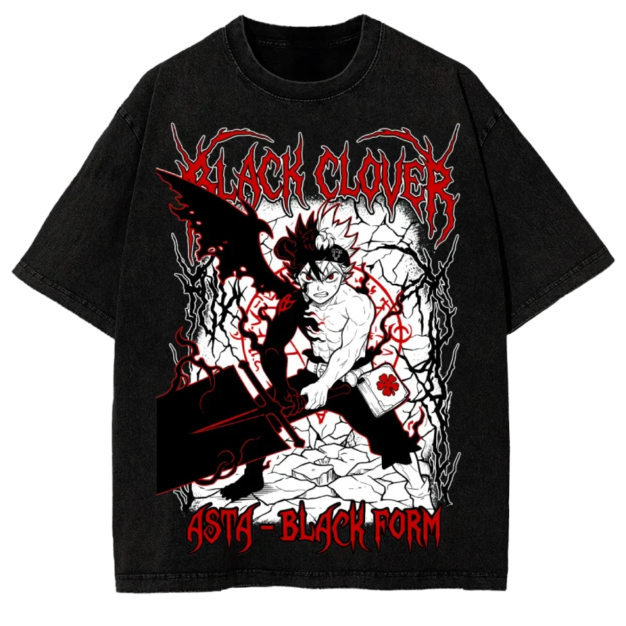 Acid Wash Anime T-Shirt Black Clover Asta Dark Grunge Anime Washed Vintage Manga Graphic Tee