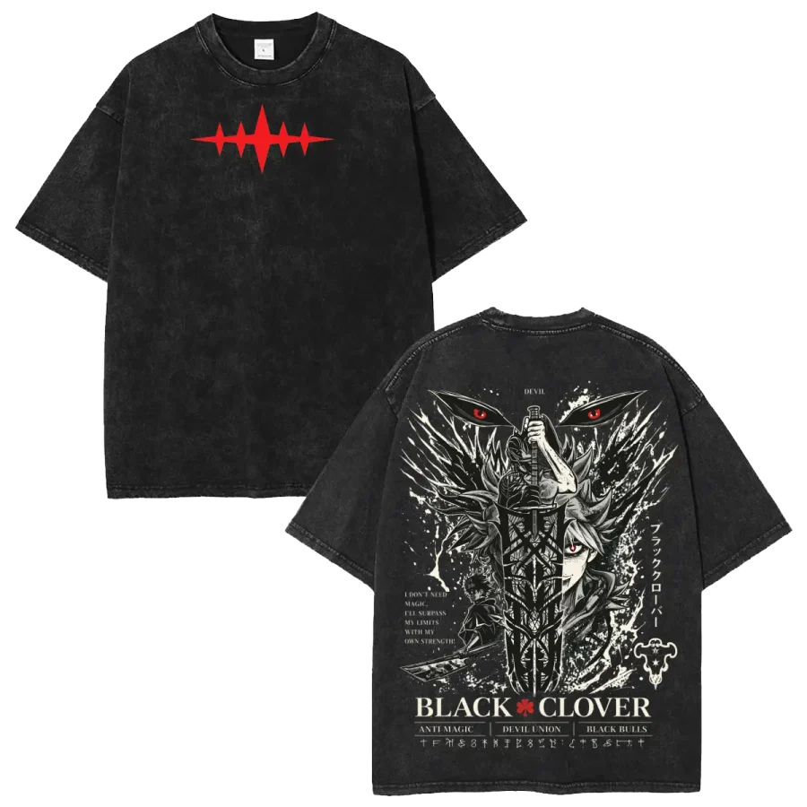 Acid Wash Anime T-Shirt Black Clover Asta Double Sided Anime Washed Streetwear Graphic T-Shirt
