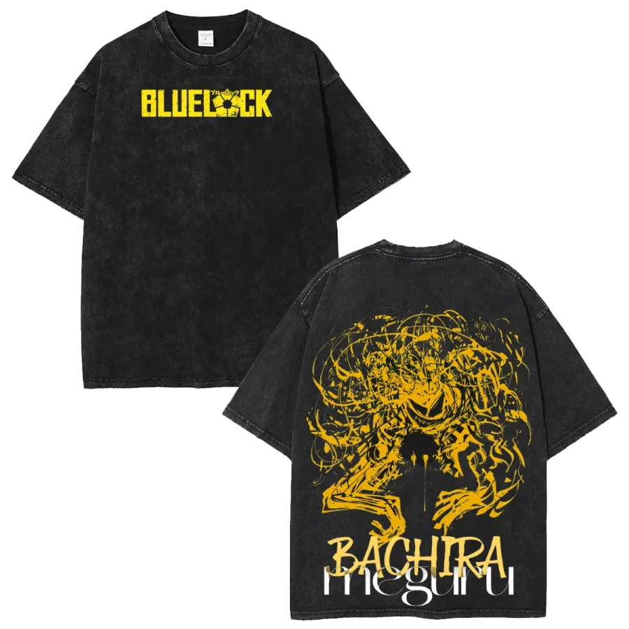Acid Wash Anime T-Shirt Blue Lock Meguru Bachira Monster Dribbler Anime Washed Oversized Vintage Graphic Shirt