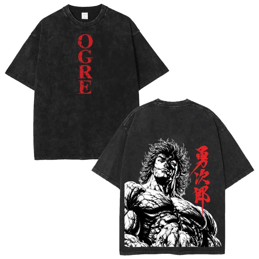 Acid Wash Anime T-Shirt Baki Yujiro Hanma Ogre Back Muscle Anime Washed Vintage Manga Graphic Tee