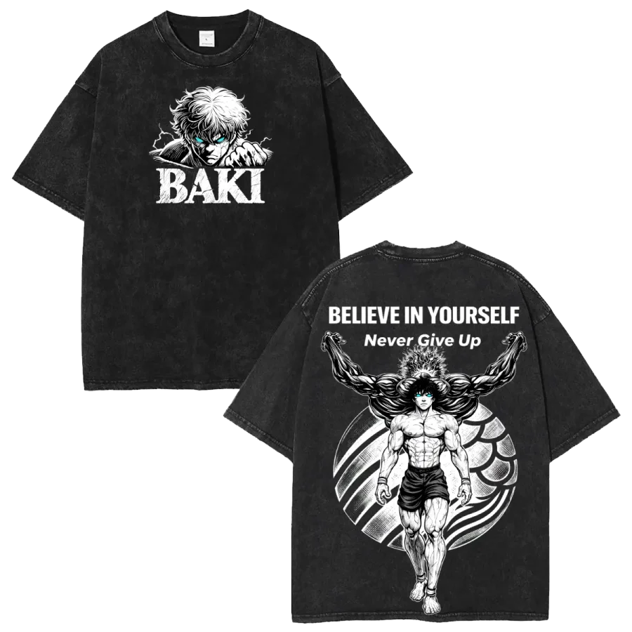 Acid Wash Anime T-Shirt Baki The Grappler Baki Hanma Fitness Workout Heavy Cotton Anime Washed Vintage Tee