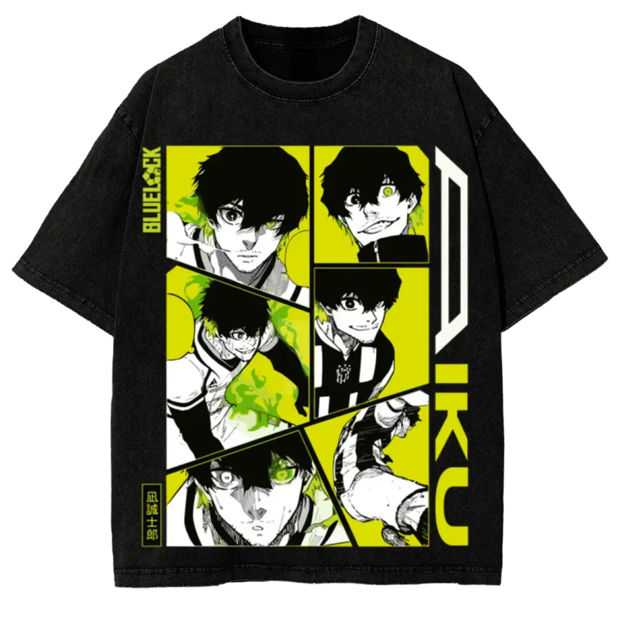Acid Wash Anime T-Shirt Blue Lock Oliver Aiku Elite Defender Anime Washed Heavy Cotton Vintage Tee