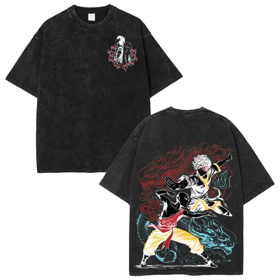 Acid Wash Anime T-Shirt Avatar The Last Airbender Aang Zuko Anime Washed Shirt
