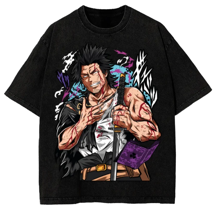 Acid Wash Anime T-Shirt Black Clover Yami Sukehiro Anime Washed Vintage Manga Graphic Tee