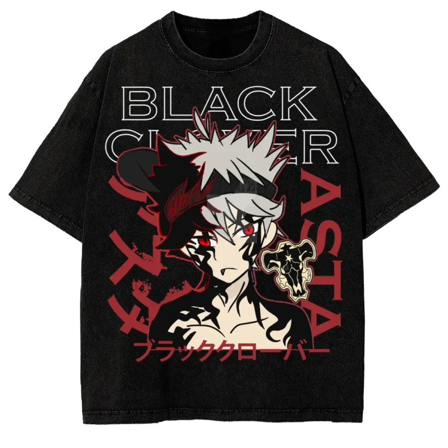 Acid Wash Anime T-Shirt Black Clover Asta Devil Union Anime Washed Streetwear Graphic Shirt