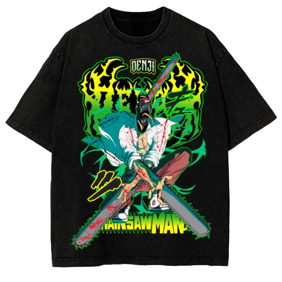 Acid Wash Anime T-Shirt Chainsaw Man Denji Hybrid Form Devil Hunter Anime Washed Shirt