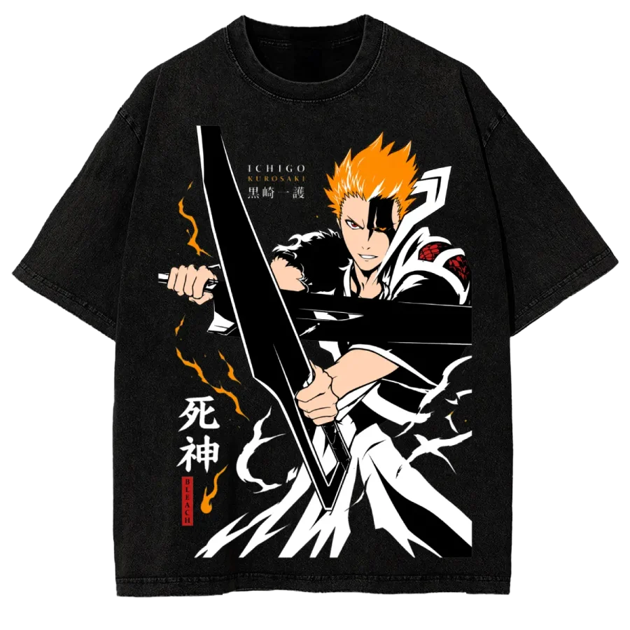 Acid Wash Anime T-Shirt Bleach Ichigo Kurosaki Bankai Evolution Anime Washed Vintage Manga Graphic Tee