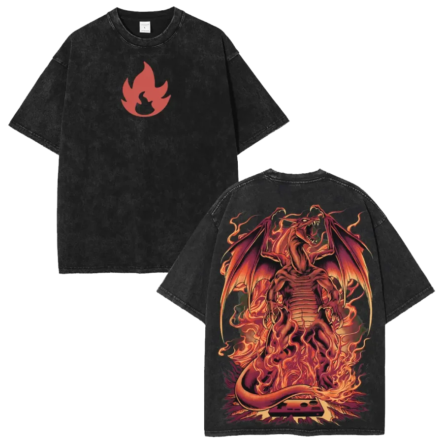 Acid Wash Anime Shirt Pokemon Charizard Fire Dragon Anime Washed Streetwear Graphic T-Shirt