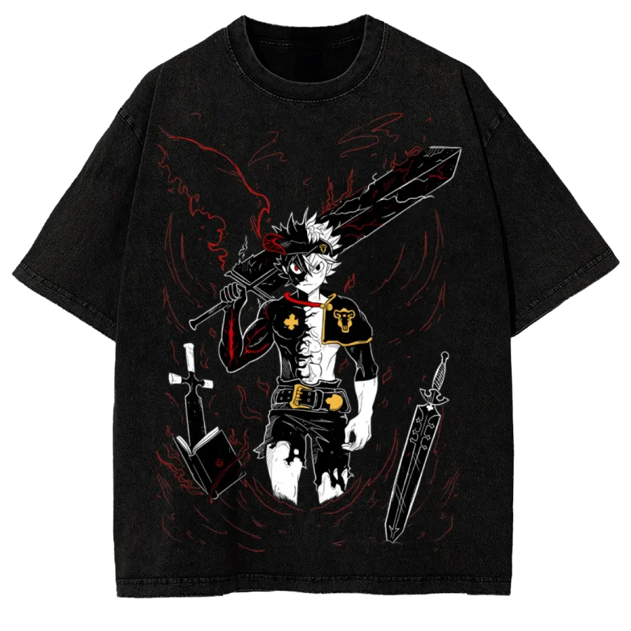 Acid Wash Anime T-Shirt Black Clover Asta Anti Magic Anime Washed Oversized Vintage Graphic Shirt