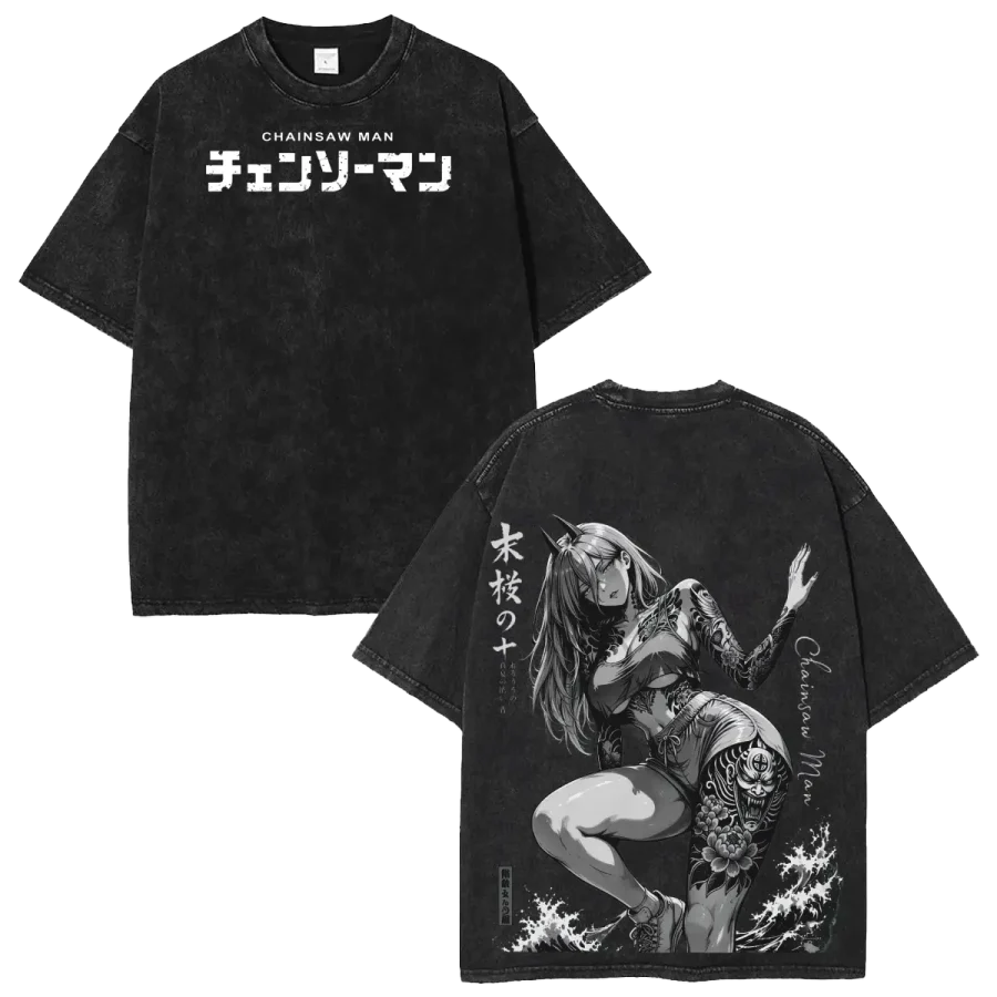 Acid Wash Anime T-Shirt Chainsaw Man Power Blood Devil Anime Washed Oversized Vintage Graphic Shirt