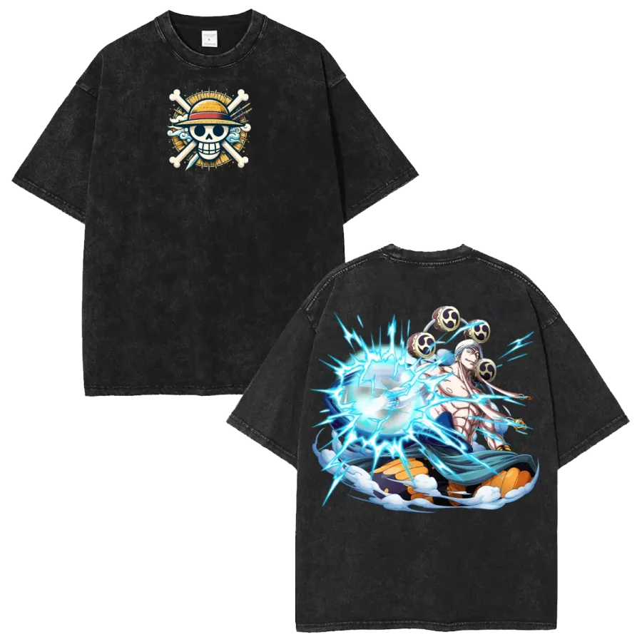 Acid Wash Anime T-Shirt Anime Washed One Piece Enel Logia Devil Fruit Shirt
