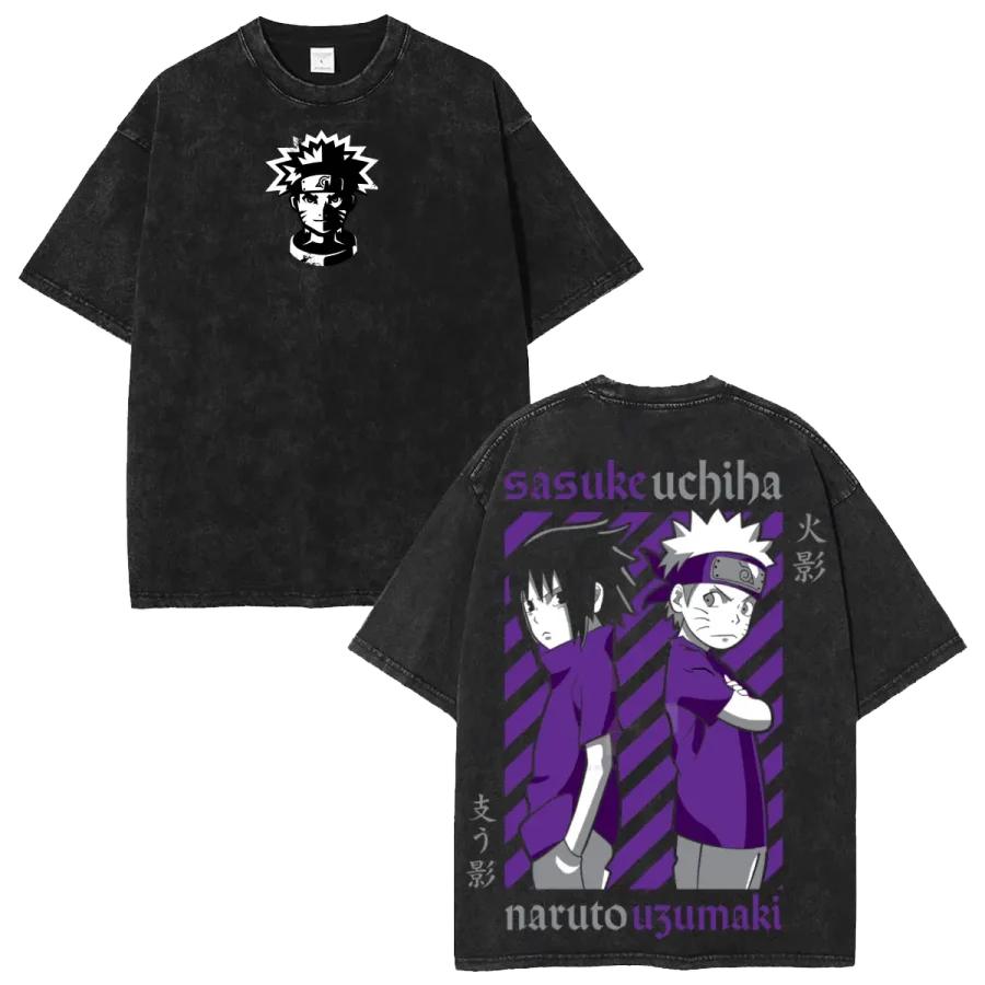 Acid Wash Anime T-Shirt Anime Washed Naruto Uzumaki Sasuke Uchiha Shirt