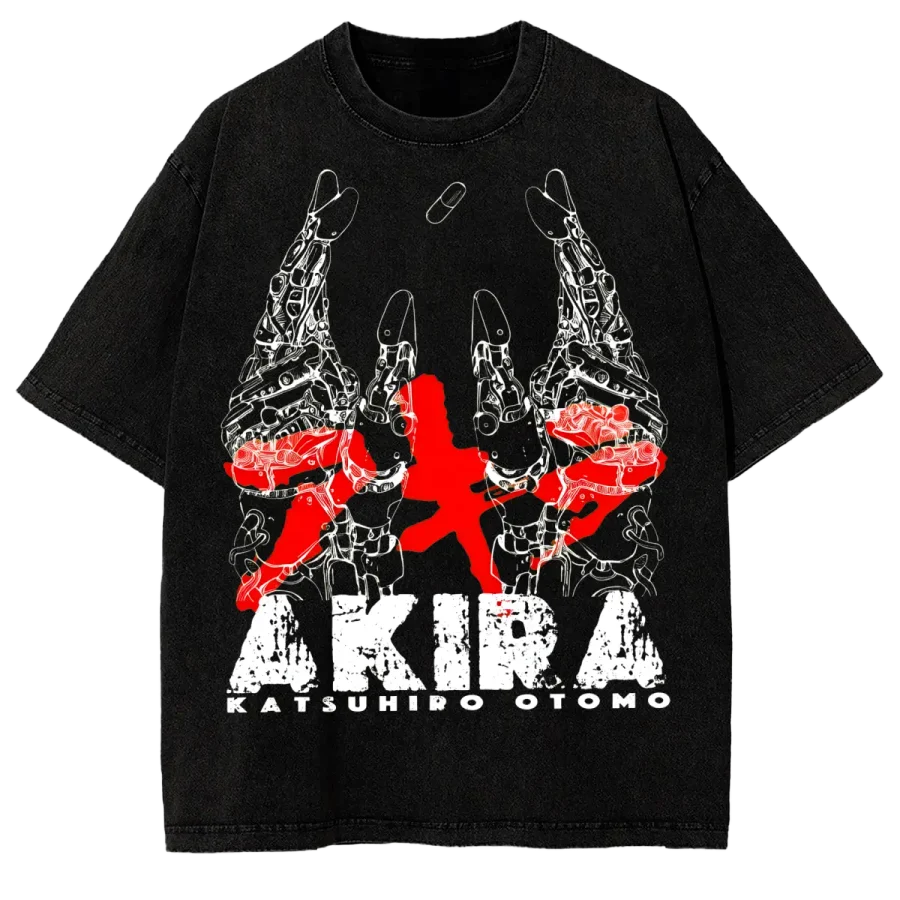 Acid Wash Anime T-Shirt Akira Tetsuo Hand Kaneda Motorcycle Anime Washed Shirt