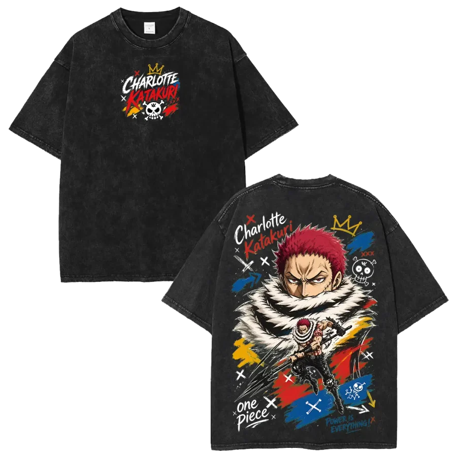 Acid Wash Anime T-Shirt Charlotte Katakuri One Piece Anime Washed Shirt