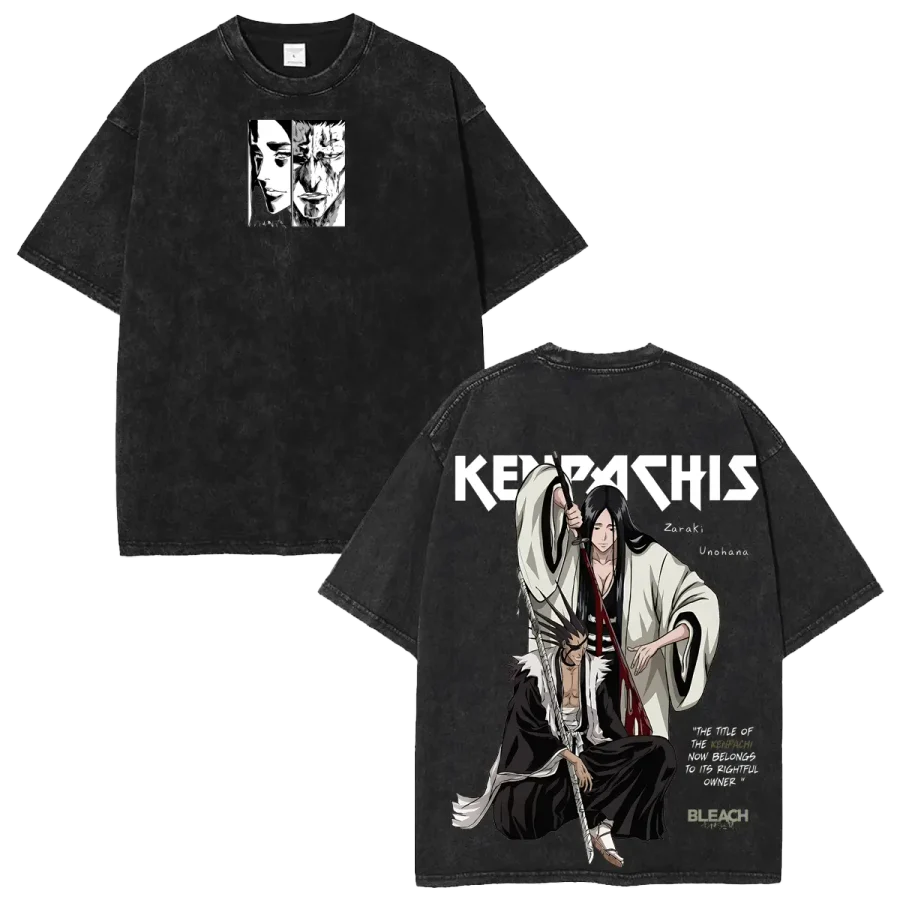 Acid Wash Anime T-Shirt Bleach Kenpachi Zaraki Retsu Unohana Anime Washed Shirt