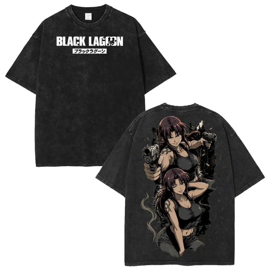 Acid Wash Anime T-Shirt Black Lagoon Double Printed Heavy Cotton Washed Anime Shirt