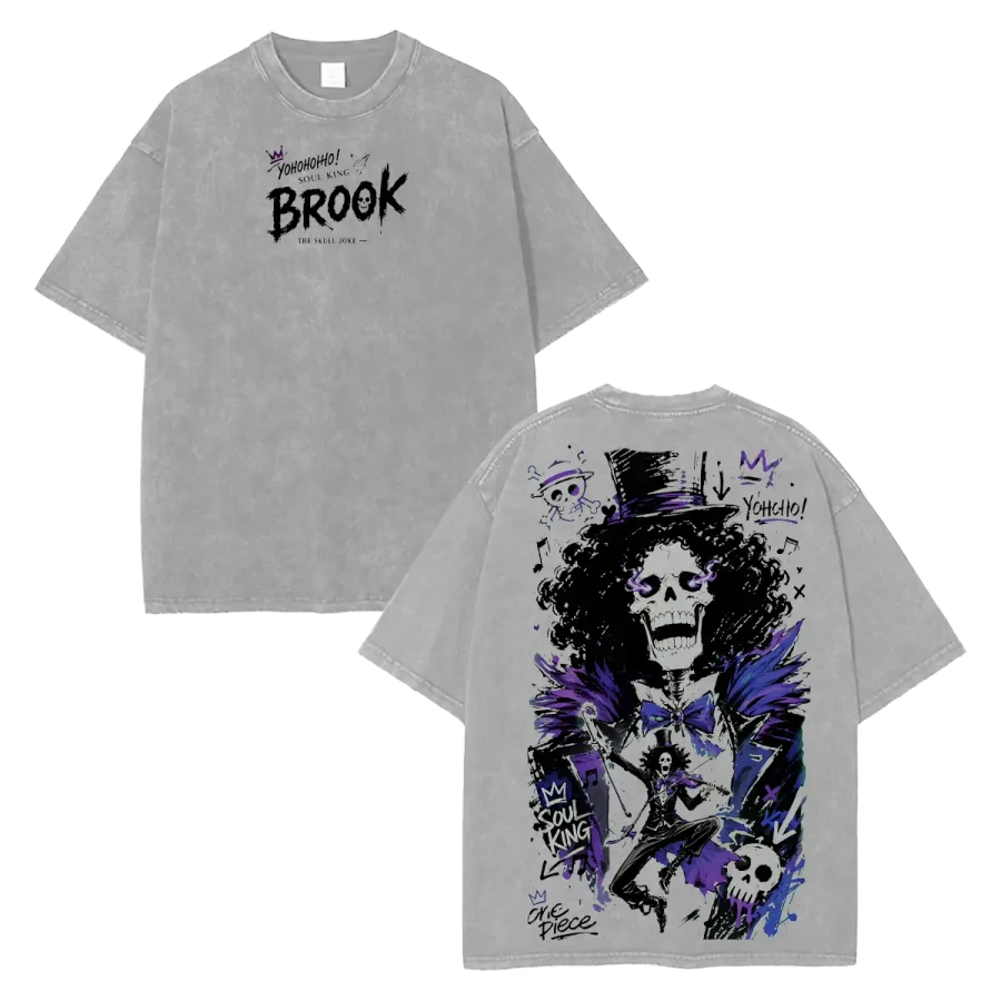 Acid Wash Anime T-Shirt Brook Soul King One Piece Anime Washed T Shirt