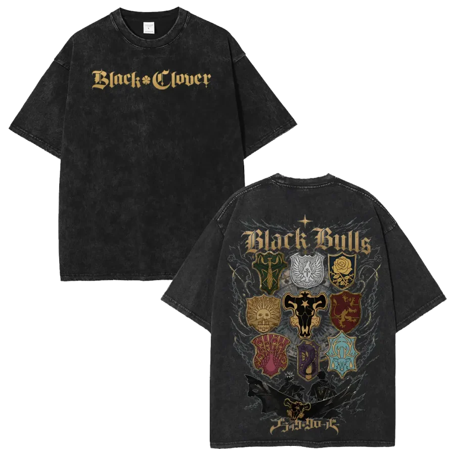 Acid Wash Anime T-Shirt Black Clover Magic Knight Squad Anime Washed Shirt